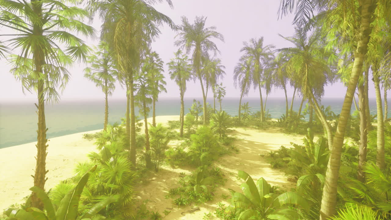 Lush tropical paradise with palm trees and serene ocean view at dawn