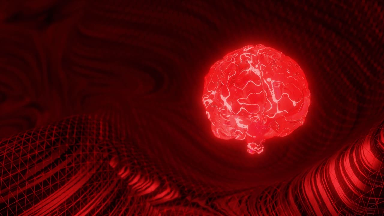 Glowing red human brain above abstract digital mesh background. Artificial intelligence and neural network concept. Design for banner, poster, wallpaper