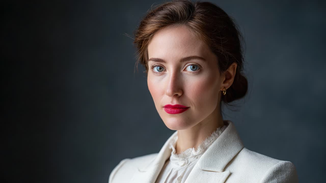 A Captivating Portrait of Elegance: This Stunning Woman with Striking Blue Eyes and Bold Red Lips Exudes Confidence and Poise in a Sophisticated Style That Commands Attention
