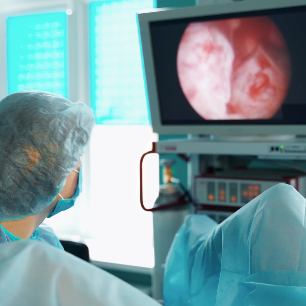Doctor looks on medical monitor. Female specialist in medical uniform making operation to a patient and observes detail organs of a patient on the screen. Modern medicine.