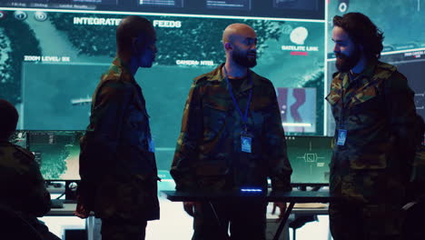 navy operation specialists monitoring surveillance radar through a hologram