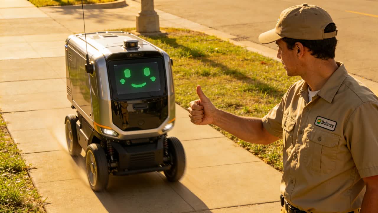 Vertical video: Approaching robot reacting to worker in tan uniform giving thumb up on sidewalk
