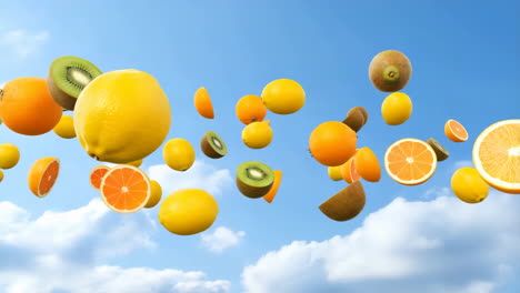 variety of fruits floating in a blue sky with clouds