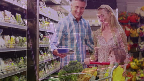 family shopping for groceries, data analysis animation over supermarket scene