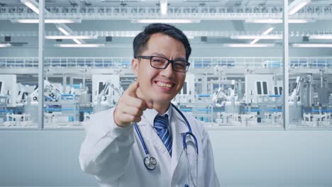 Doctor Pointing at Factory with Robotics