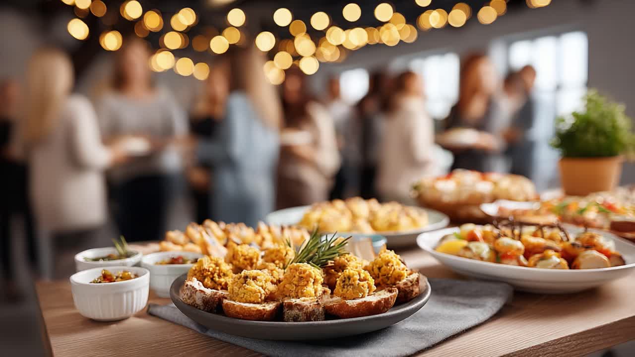 Deliciously Arranged Appetizers at a Vibrant Gathering with Friends Amidst Warm, Twinkling Lights Creating a Festive Atmosphere for Celebration
