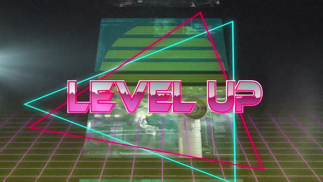 스크린으로 디지털 추상 공간에서 레벨을 올리는 애니메이션