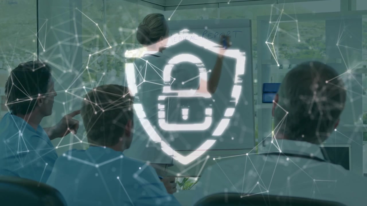 Female medical presenter initiating overlay on whiteboard highlighting padlock graphic for security