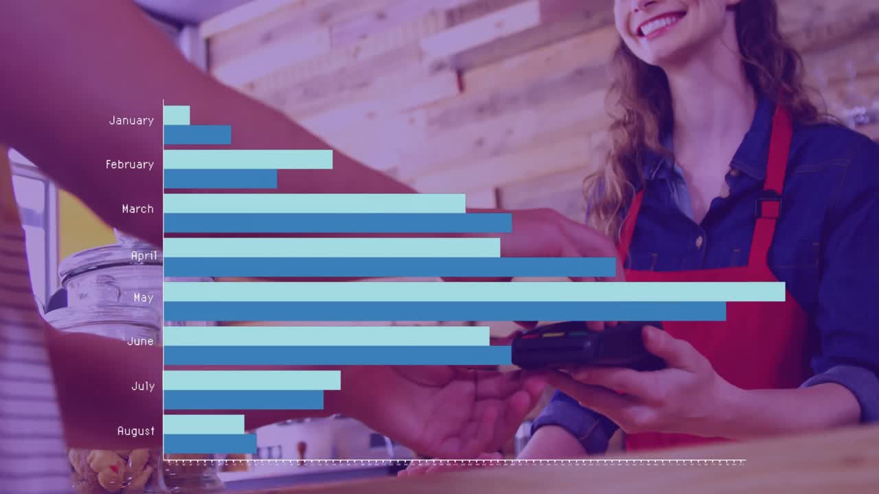 animación del procesamiento de datos con gráfico sobre diversas personas que pagan con teléfonos inteligentes