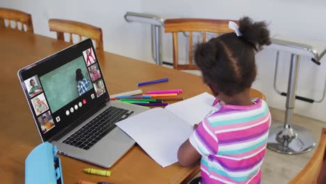 Schoolgirl-using-laptop-for-online-lesson-at-home,-with-diverse-teacher-and-class-on-screen