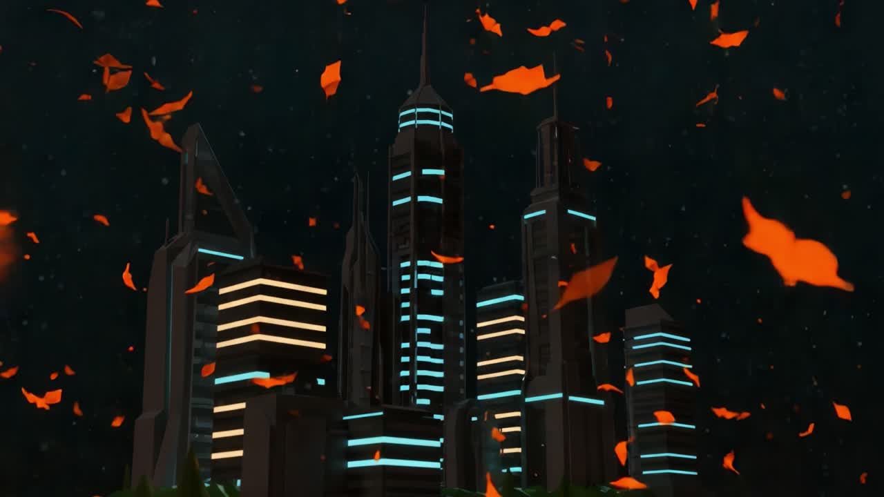 A Futuristic Cityscape Illuminated by Neon Lights amidst a Flurry of Floating Orange Leaves, Creating a Captivating Scene of Nature and Technology Coexisting in Harmony