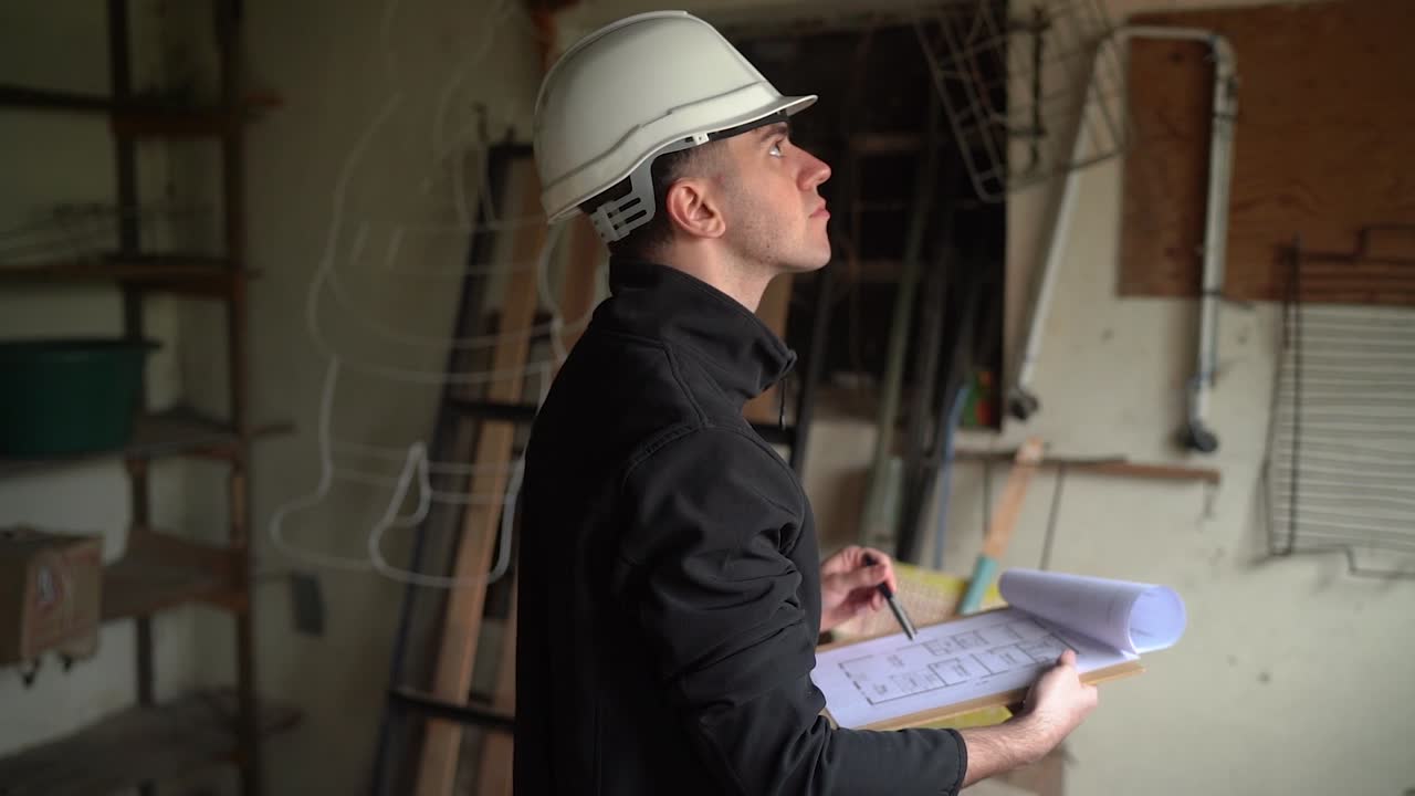 joven inspector de casa revisando el plan de piso y mirando hacia el interior de una casa para la renovación