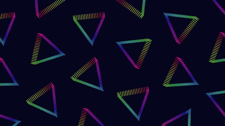 Motivo ripetuto di triangoli fantasy al neon arcobaleno formato da linee su sfumatura nera