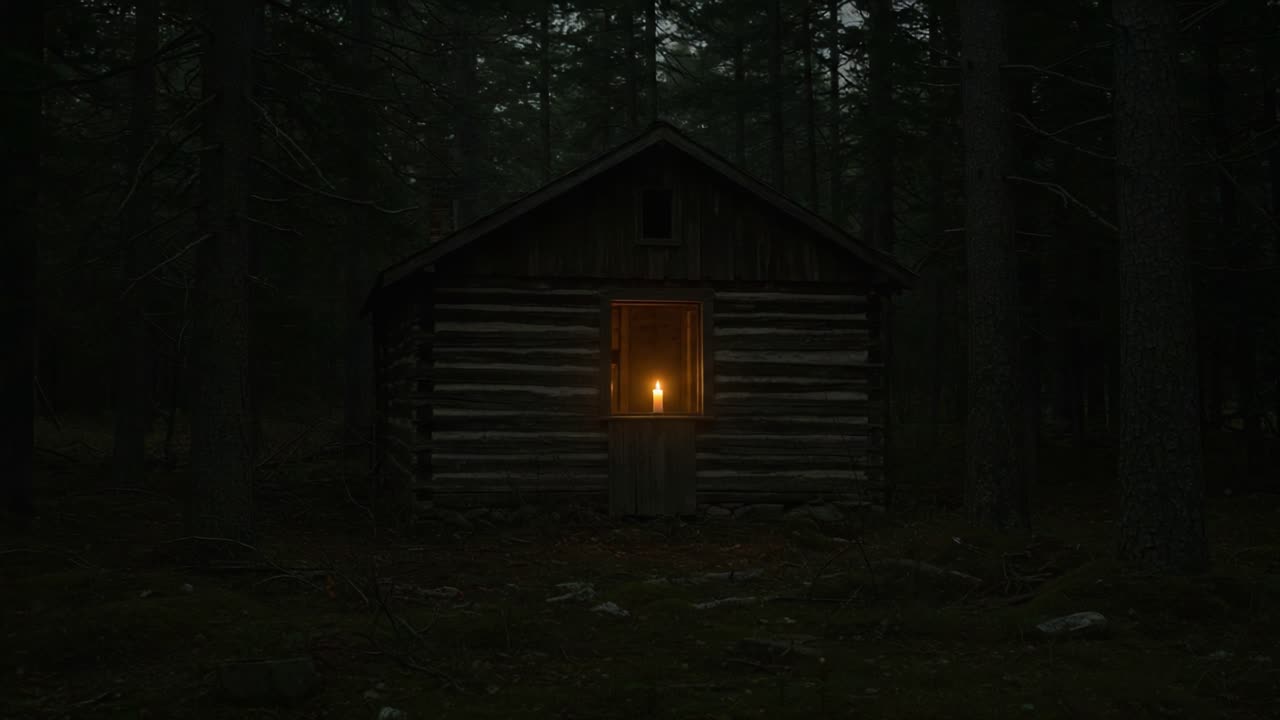 A Mysterious Log Cabin Illuminated by a Flickering Flame in the Heart of a Dark Forest at Night, Inviting Exploration and Wonder