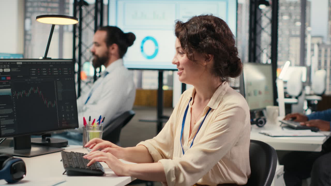 Vertical Video Pleased finance advisor celebrating global market trends progress