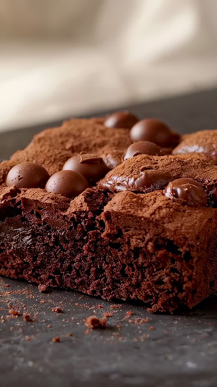 Video verticale: zoom indietro della camera, brownie al cioccolato con palline di malto su ardesia per lo styling