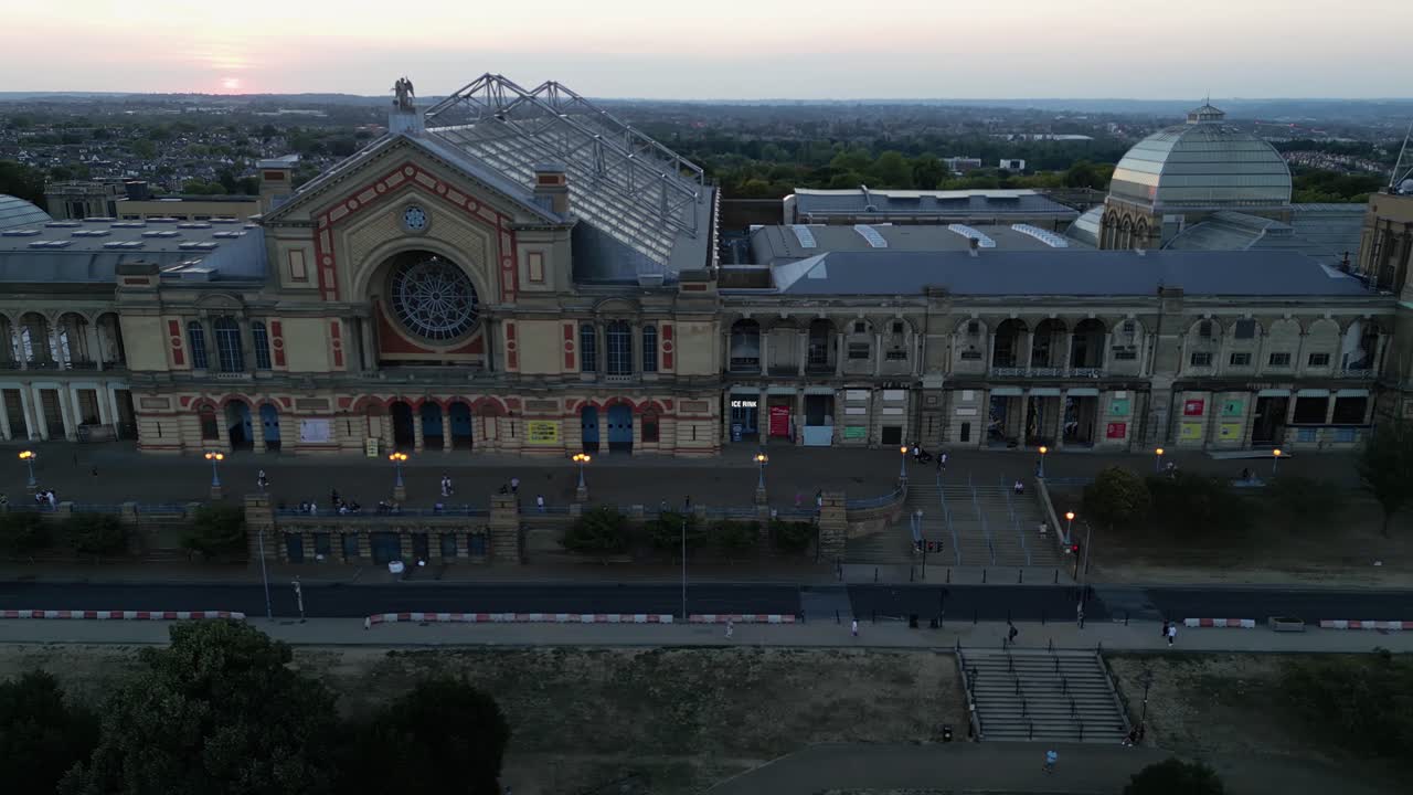 Aerial view across ornate Alexandra palace entertainment venue exterior