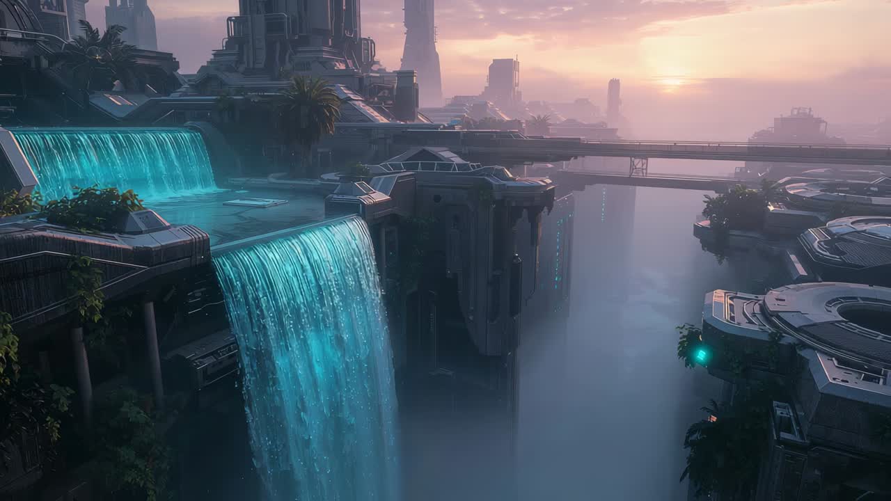 Panning camera revealing turquoise waterfall and terraces at sunrise, revealing distant skyline