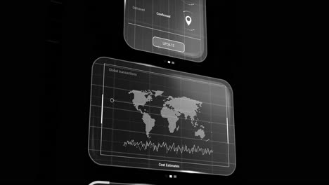 Animation of data processing on screens over black background