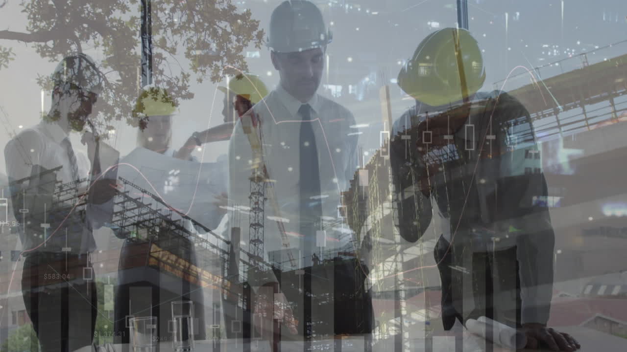 animación del procesamiento de estadísticas sobre los planos de mantenimiento de arquitectos masculinos y femeninos en el sitio de construcción