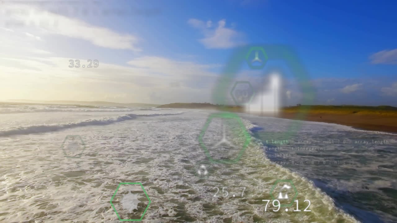 Analyzing environmental data, ocean waves with digital animation overlay in focus