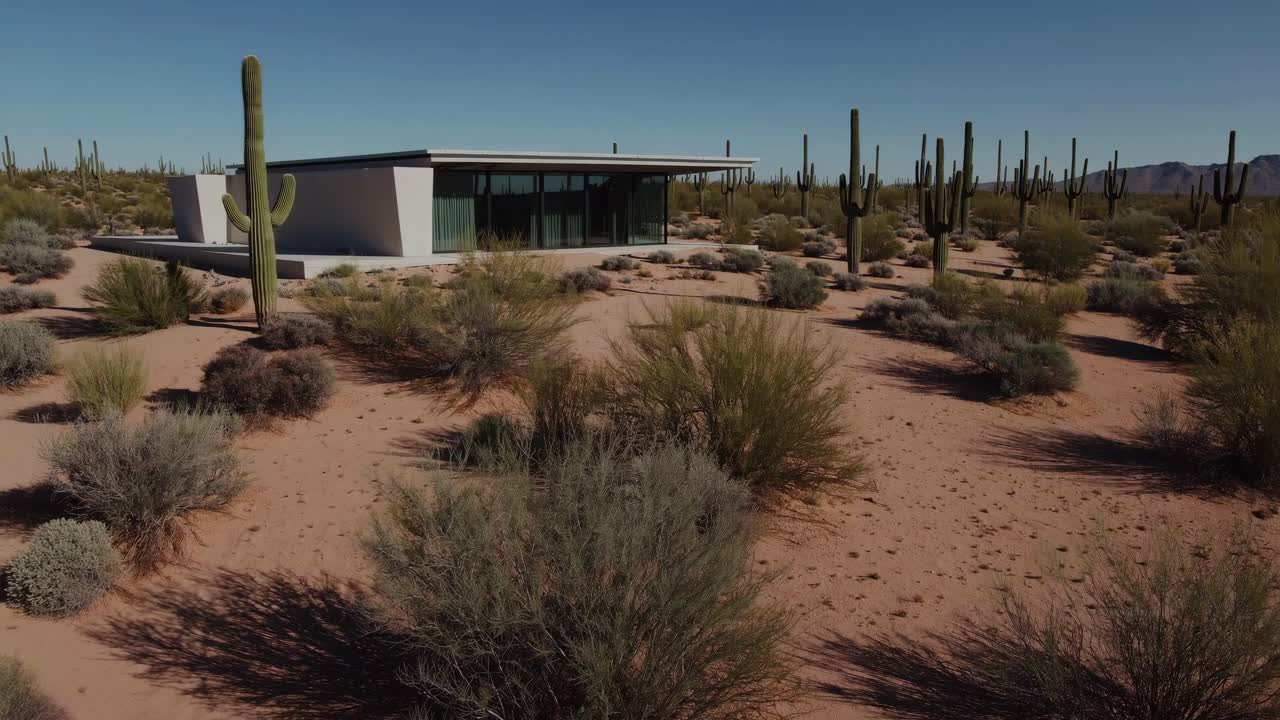Modern architectural structure seamlessly integrated into desert landscape, showcasing natural surroundings and unique design elements in a continuous motion sequence