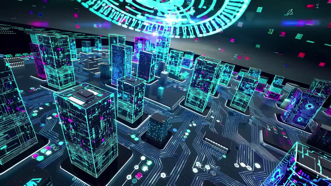 Futuristic cityscape with neon digital buildings, viewed from a high angle