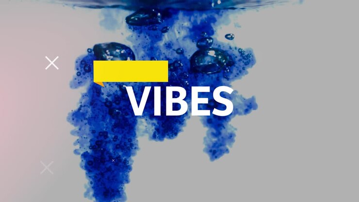 Digital animation of vibes text and yellow banner over blue color in water against grey background