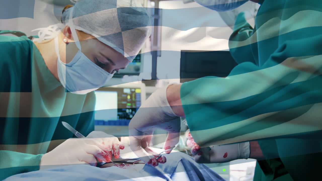 animación de la bandera de grecia ondeando sobre los cirujanos en el quirófano