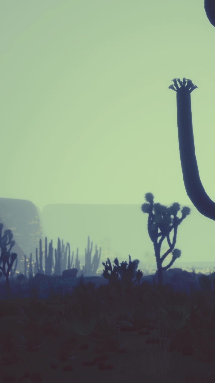 Cacti and desert landscape with distant mountains in clear light setting