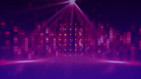 Animation-of-circles-and-purple-shapes-over-violet-lights-in-digital-background
