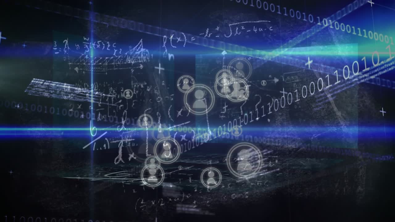 Animation von Datenverarbeitung, Symbolen und wissenschaftlichen Daten auf blauem und schwarzem Hintergrund.