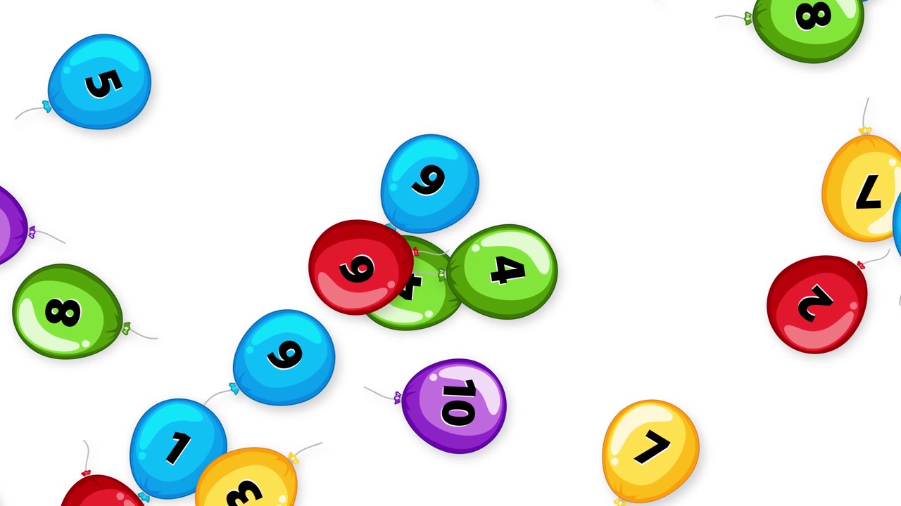 Vibrant multicolored balloons with black numbers float upward across a clean white studio background.