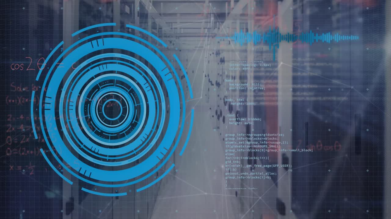 animación del escaneo de alcance con ecuaciones matemáticas y procesamiento de datos a través de la sala de servidores