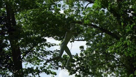 Estatua-De-Un-Hombre-Joven-Volando-Y-Girando-En-El-Aire-Entre-Los-árboles,-Luciendo-Místico-Y-Muy-Aleatorio,-Aterrador,-Acercándose-Hacia-El-Proyecto-De-La-Ciudad-De-Esculturas-Colgando-De-Cuerdas-Invisibles-Extrañas