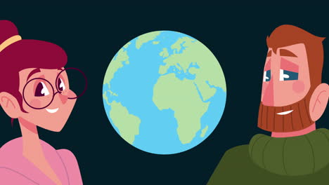 young couple and world earth planet animation