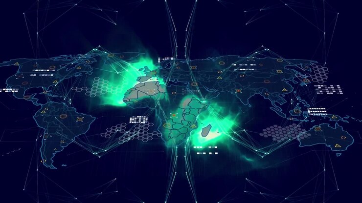 Globe of network of connections over world map against blue background