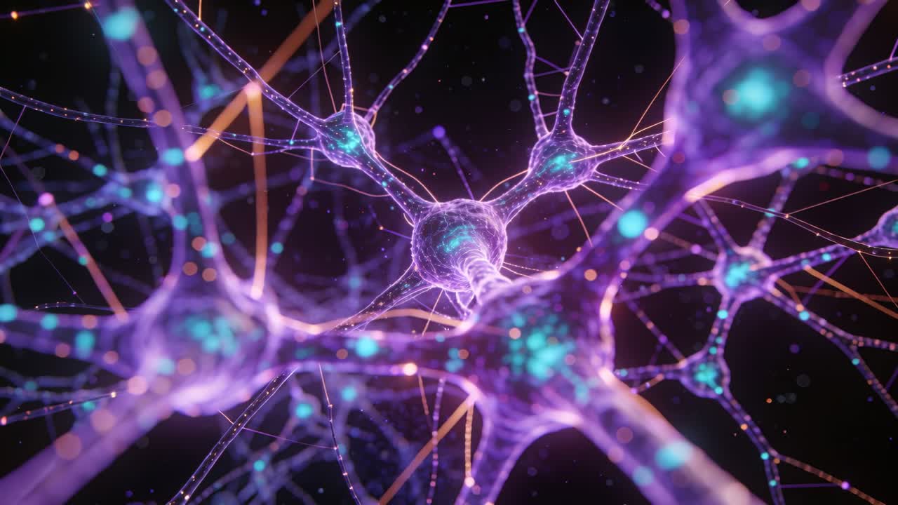 Pulsing clear purple neuron somas with teal cores sending light along dendrites after spark in void