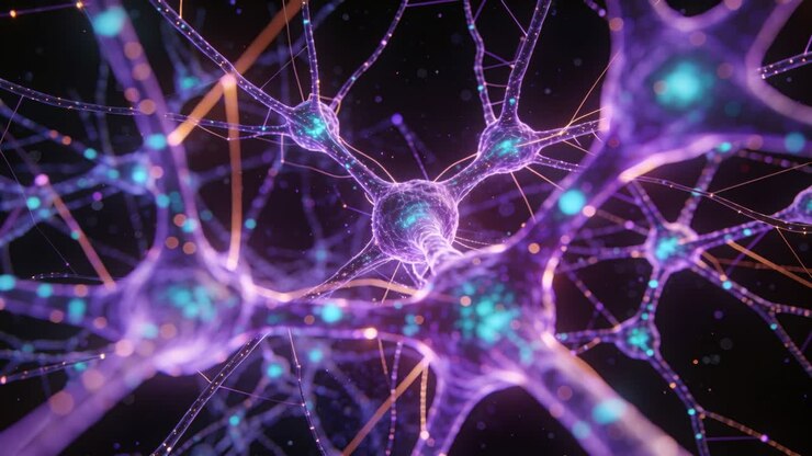 Pulsing clear purple neuron somas with teal cores sending light along dendrites after spark in void