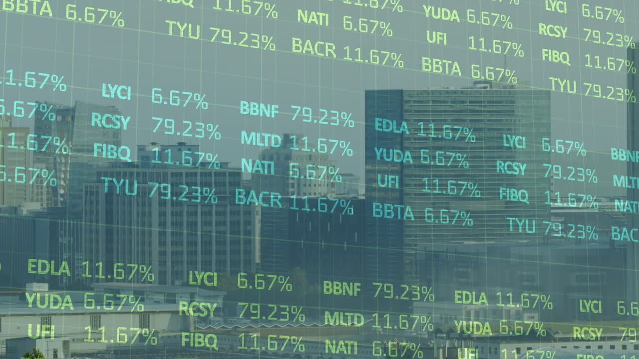 도시 풍경에 대한 금융 데이터와 그래프의 애니메이션