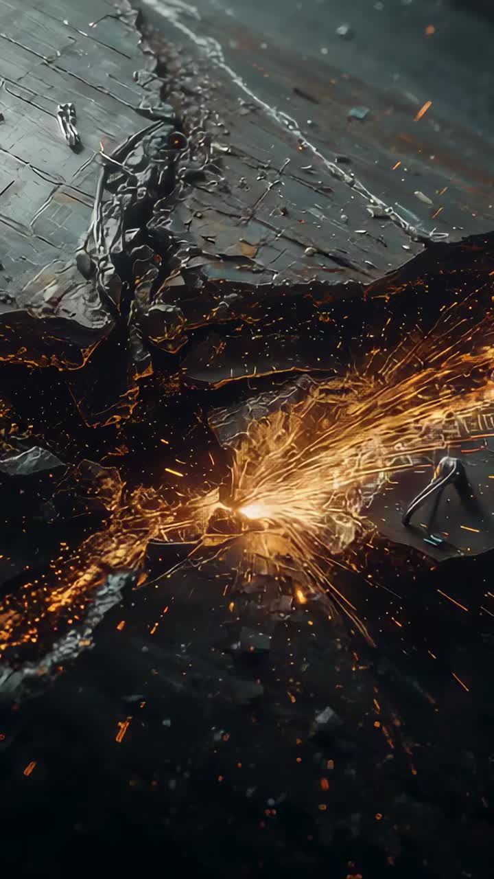 Vertical video: Sparking core emitting sparks, forming molten seam along cracked surface close-up