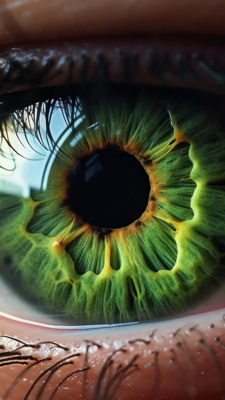 Close-up video of a vibrant green eye, showcasing intricate iris details