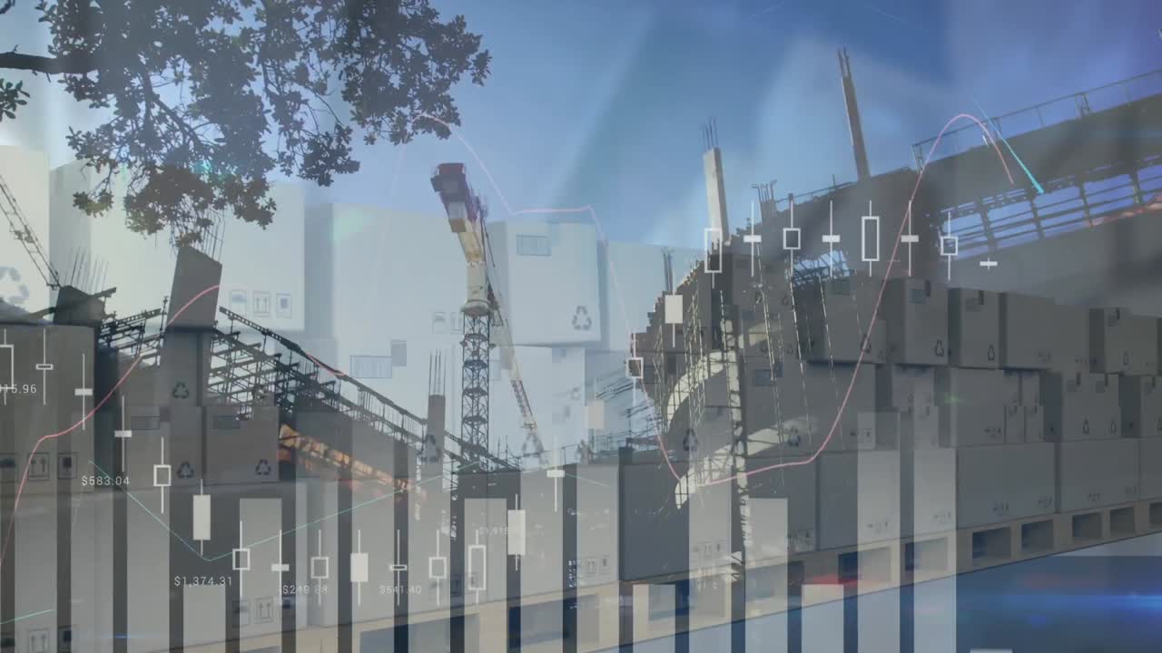 animación del procesamiento de estadísticas sobre una pila de cajas de cartón y un sitio de construcción