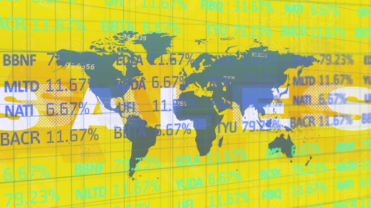 백색 문자로 단어 판매와 금융 주식 정보와 세계 지도의 애니메이션