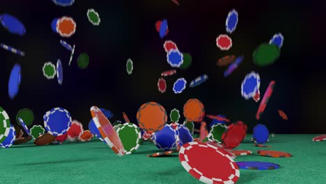 la lluvia de fichas de casino cayendo sobre un paño verde. animación en 3d.