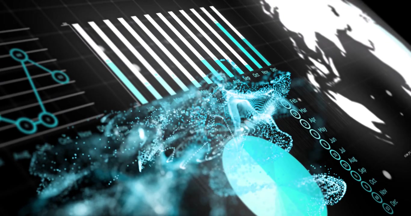 Camera pulling back, turquoise particle ribbon revealing bar chart, pie, globe, showing tech data