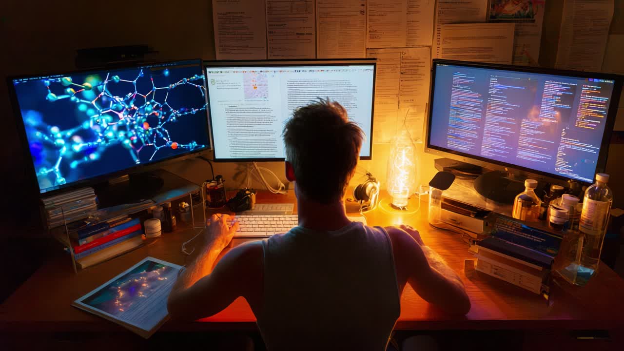 Engaged in Focused Research: A Determined Individual Analyzing Data on Multiple Monitors while Surrounded by Books and Tools Under Warm Ambient Light