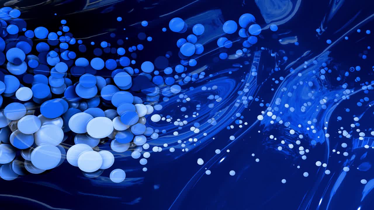 아름다운 추상적인 반이는 표면의 은 은 배경은 파란색 액체와 같은 파란색 물결과 함께 원은 기름에 페인트의 물방울처럼 떠 있습니다. 4k에서 파란색 색 gradient를 가진 창의적인 배경.