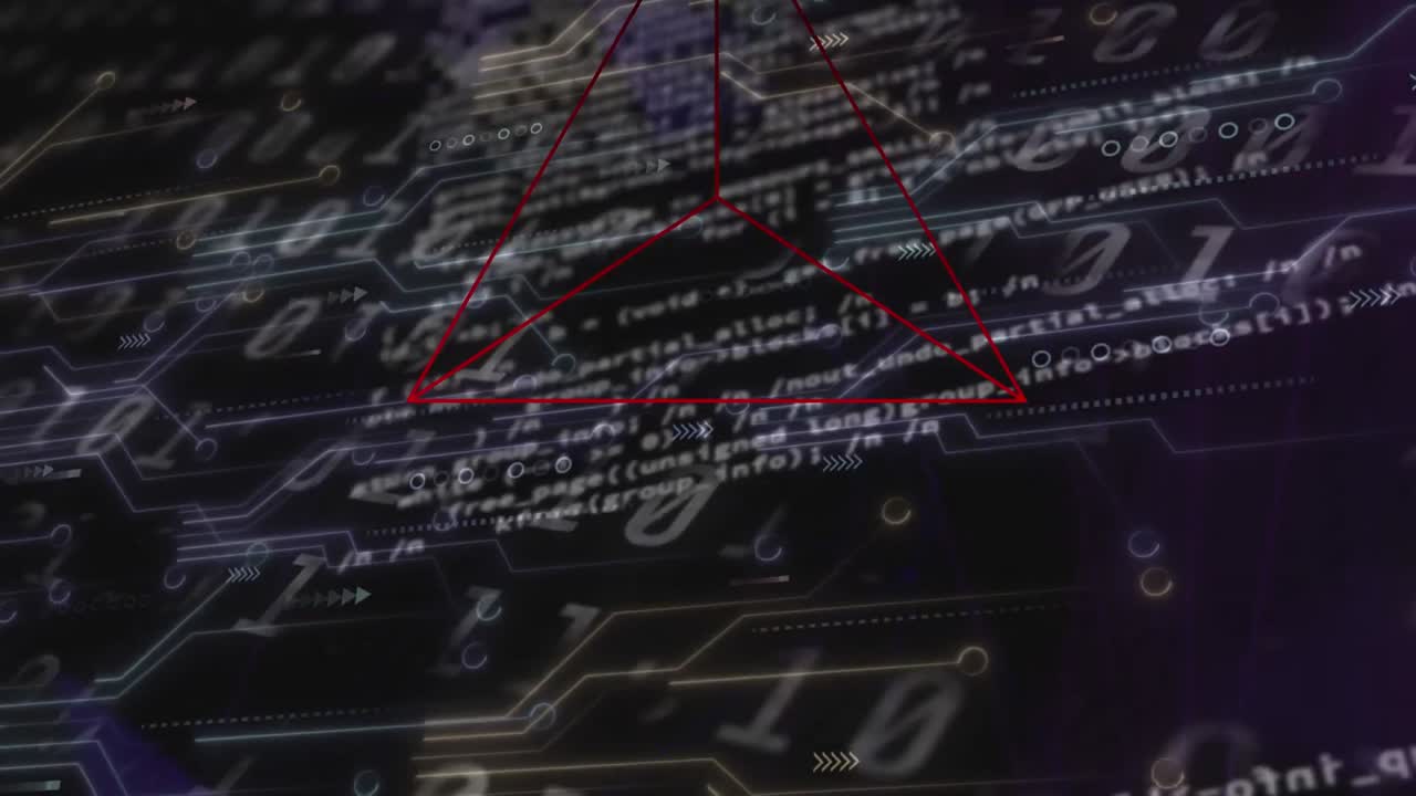 animación de formas geométricas, código binario y procesamiento de datos sobre fondo negro