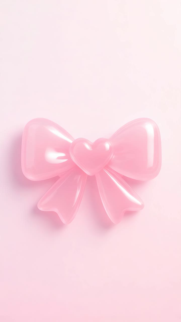 Aerial view of a glossy pink bow with a heart center on a pastel background, perfect for a playful